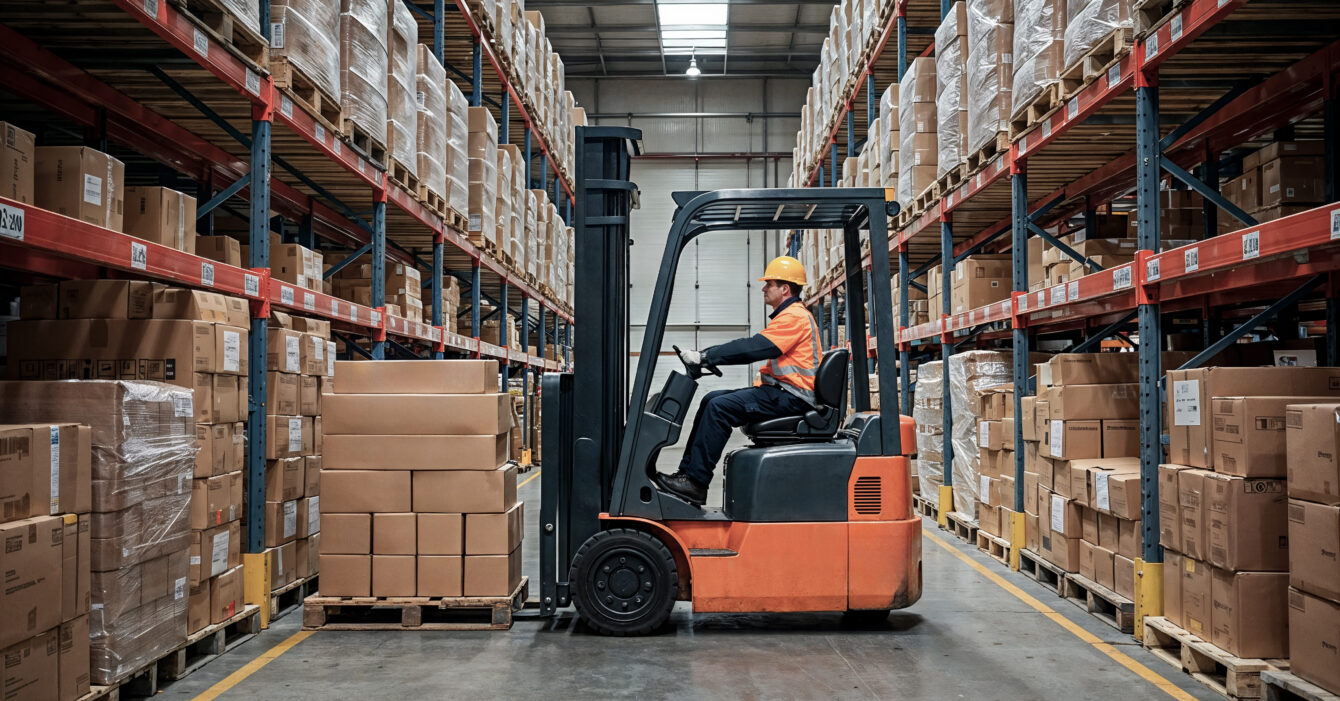 trabajador-de-almacen-que-opera-una-carretilla-elevadora-en-una-instalacion-de-almacenamiento (1) CARRETONS ELEVADORS: CONSELLS PER REDUIR RISCOS I MILLORAR LA SEGURETAT